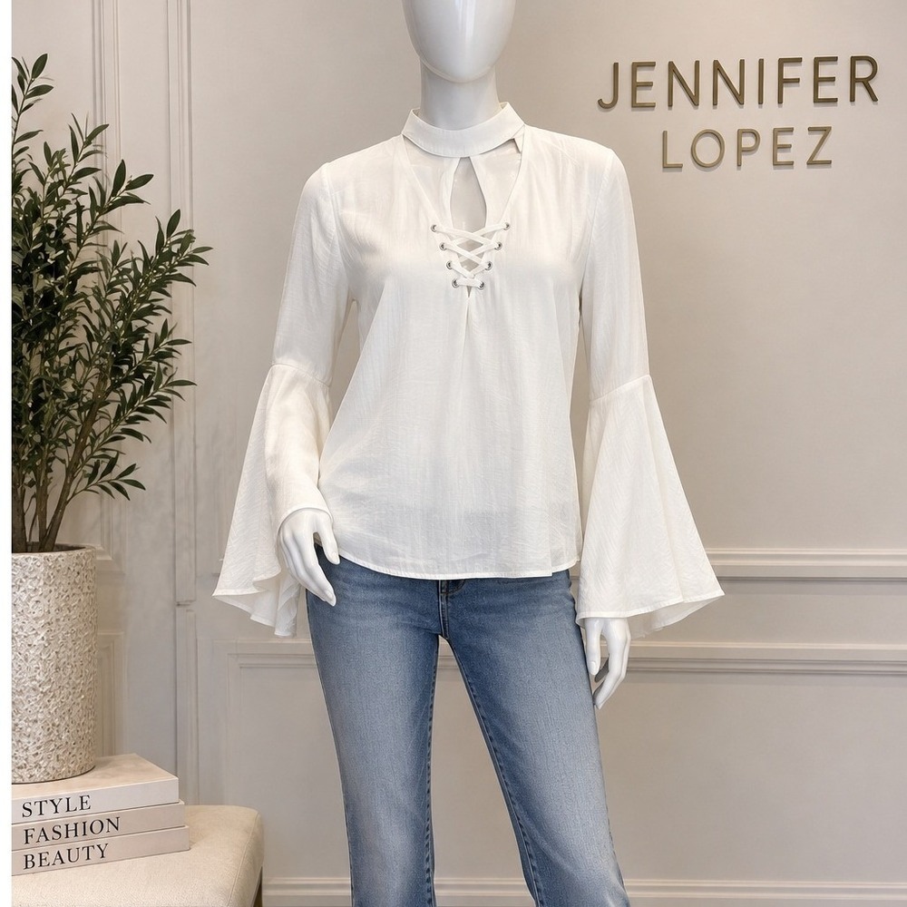 Jennifer Lopez Y2K White Bell Sleeve Lace Up Top Large